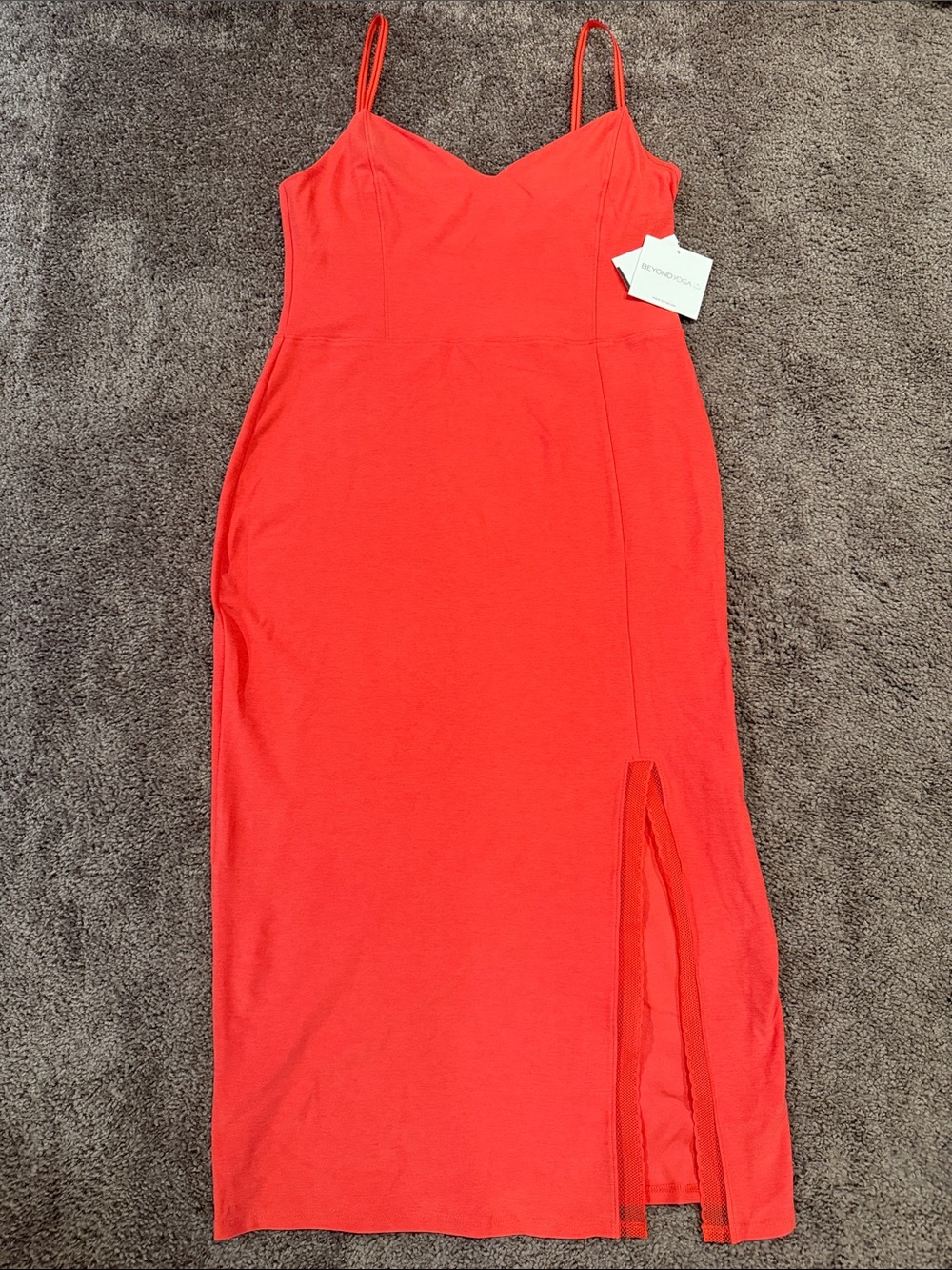 Beyond Yoga Coral-Red Spaghetti Strap Midi Dress